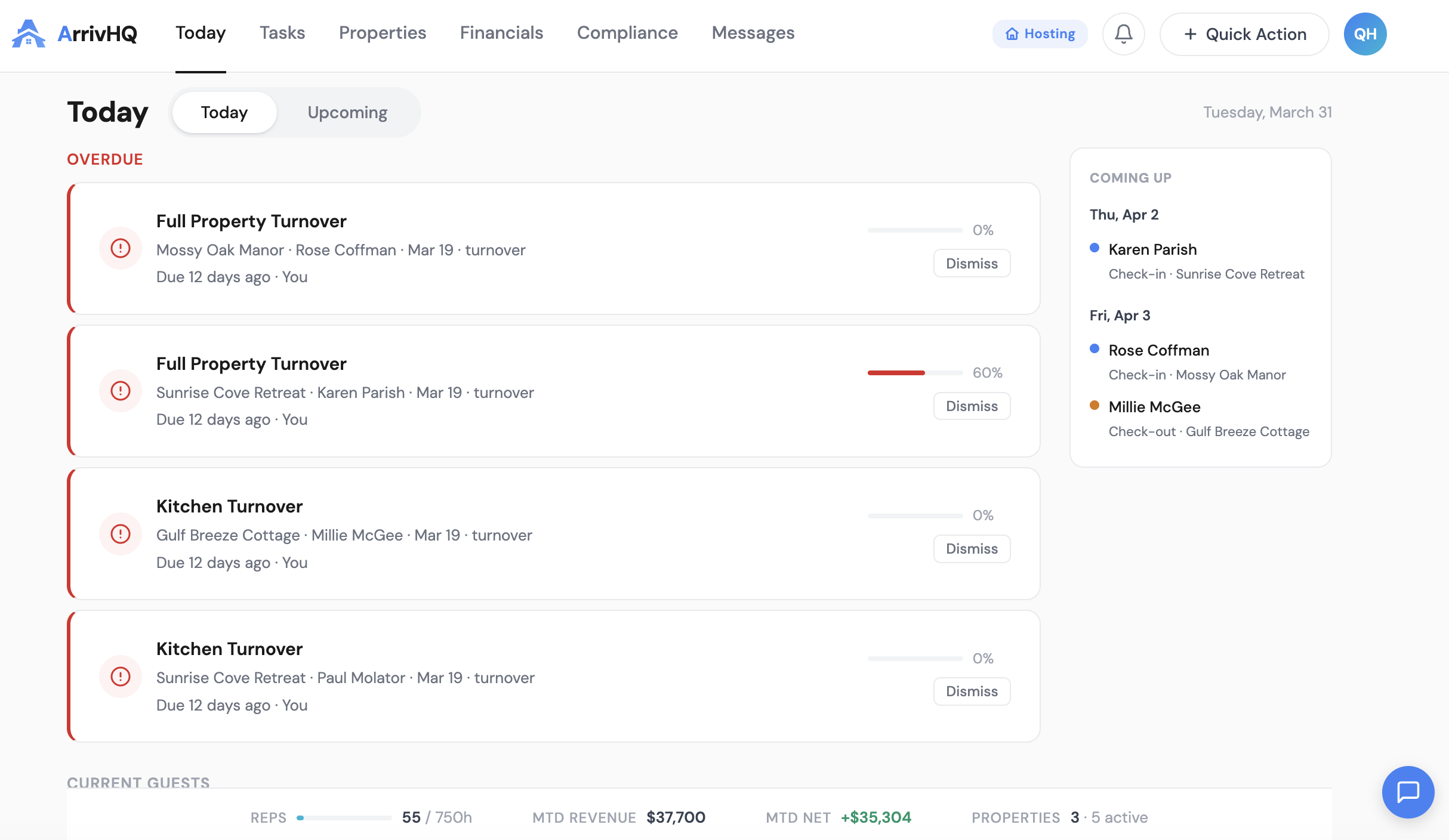 ArrivHQ Today dashboard with check-ins, tasks, and upcoming reservations