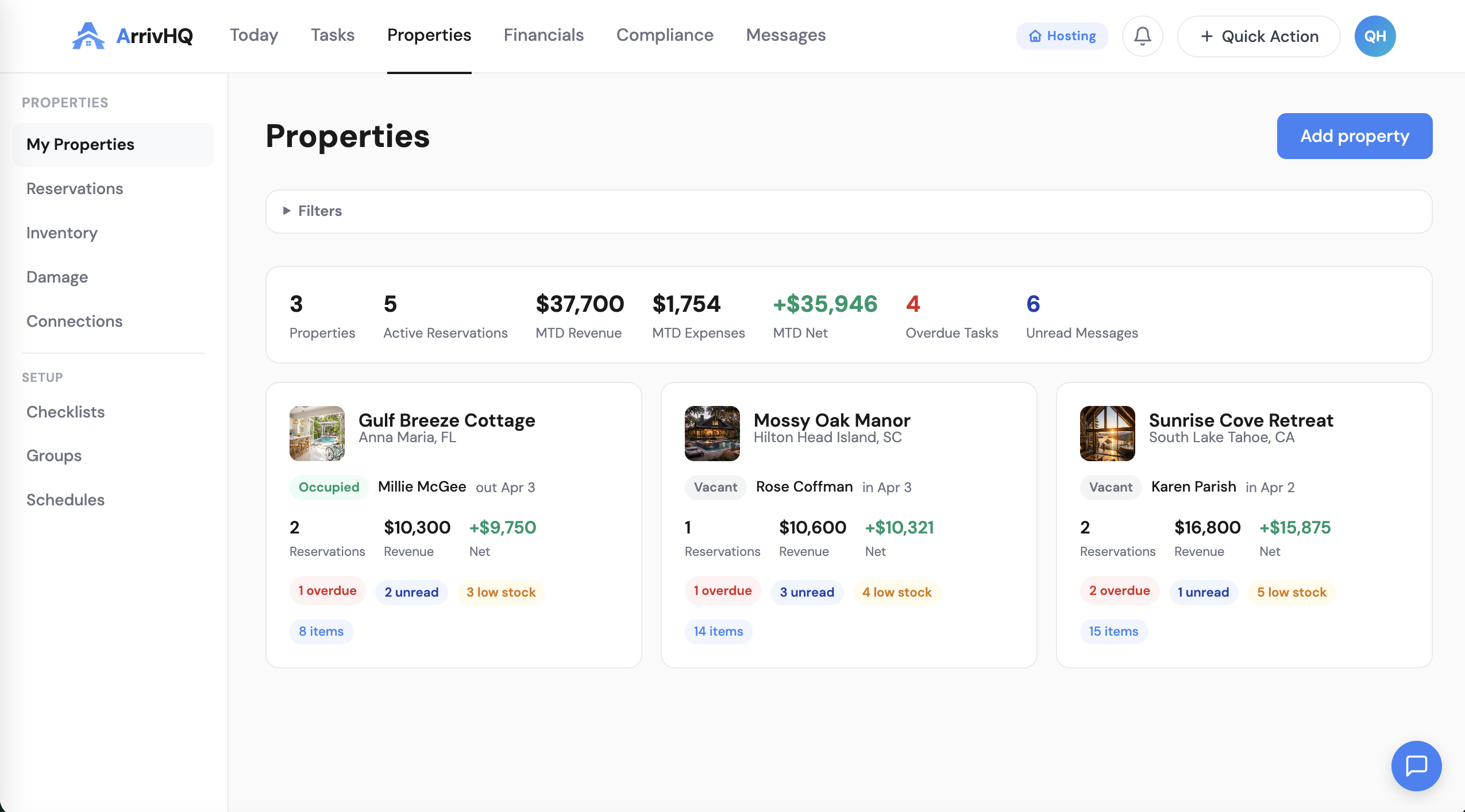 ArrivHQ dashboard showing today's check-ins, tasks, and upcoming reservations